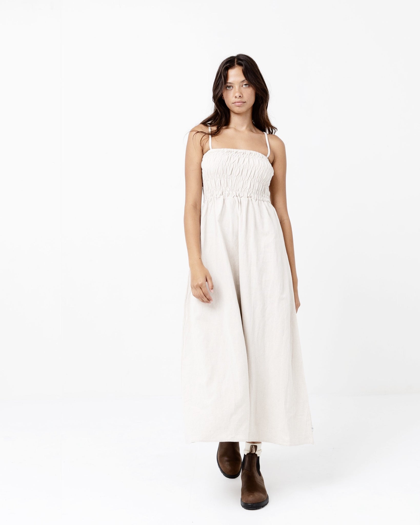 shirred midi dress