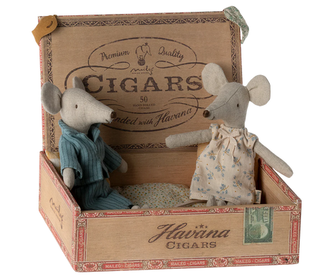 mum and dad mice in cigar box