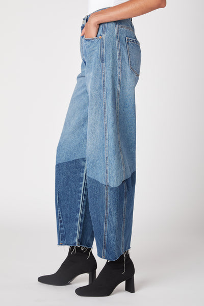 patchwork denim barrel leg