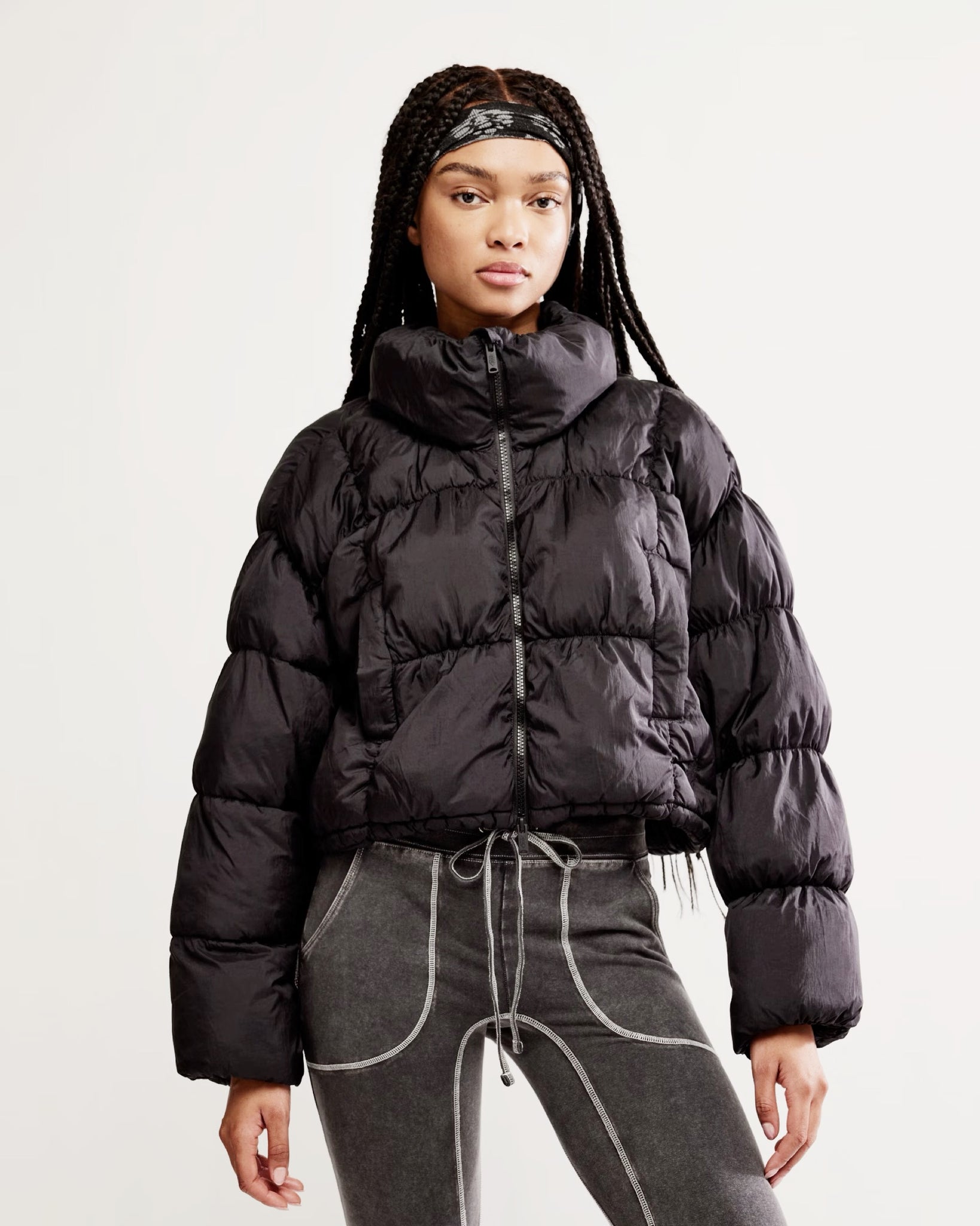 in a bubble puffer jacket