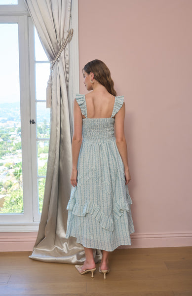 smocked ruffle midi dress