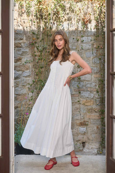 pleated front midi dress