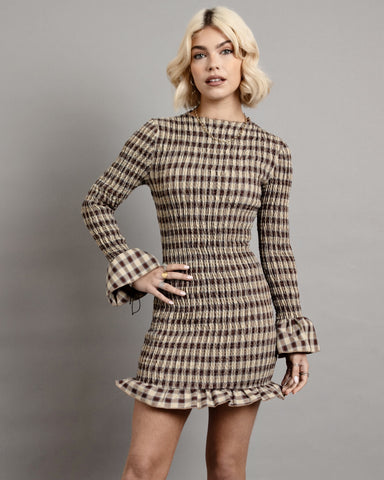 check shirred mini dress