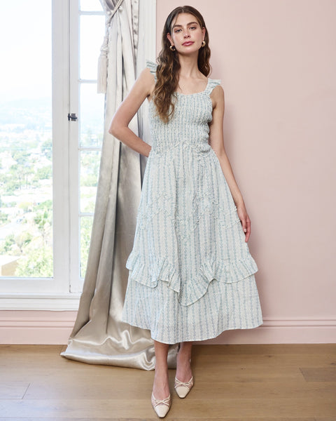 smocked ruffle midi dress