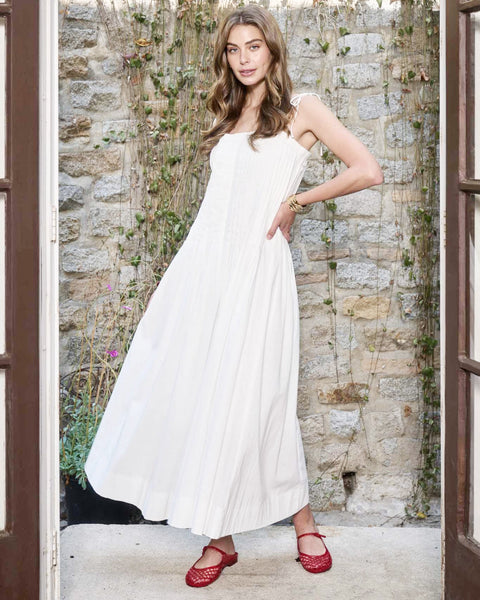 pleated front midi dress