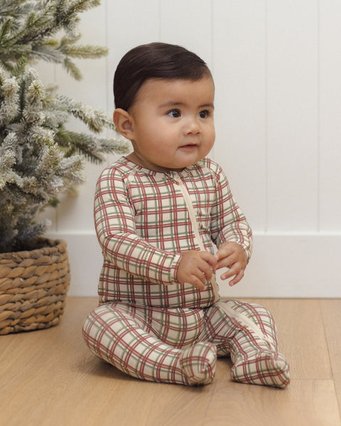 bamboo zip footie redwood check