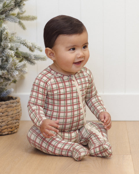 bamboo zip footie redwood check