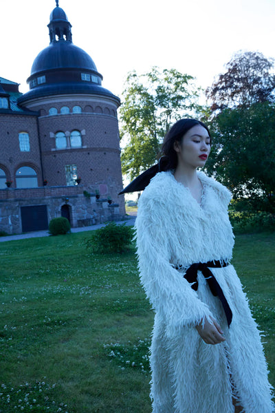 ruffle faux feather coat