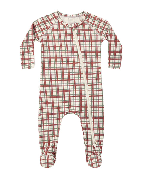 bamboo zip footie redwood check